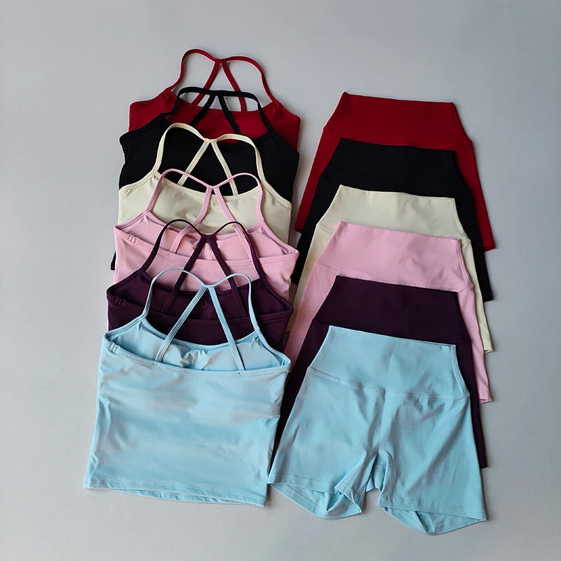 Yoga Gym Set Halter Top Set Yoga High Waist Shorts Set Backless Tights Bra Vest Seamless Stretch Ribbed Buttocks Lift Shorts Set