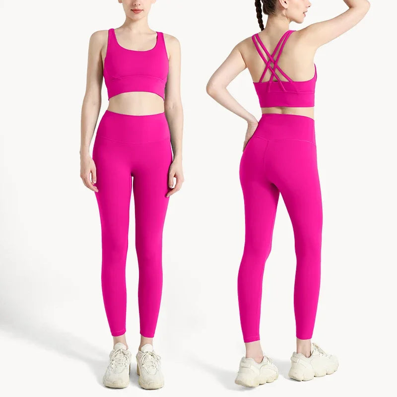 Summer New 2 Piece Yoga Clothes  Women's Tracksuit Athletic Cross Back Nylon Yoga Top Women Sports Bra Leggings Pilates Fitness