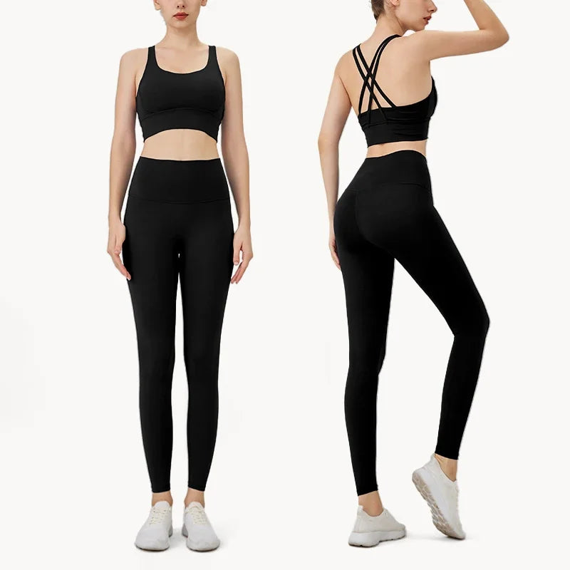Summer New 2 Piece Yoga Clothes  Women's Tracksuit Athletic Cross Back Nylon Yoga Top Women Sports Bra Leggings Pilates Fitness