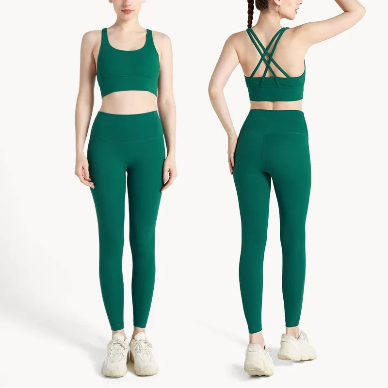 Summer New 2 Piece Yoga Clothes  Women's Tracksuit Athletic Cross Back Nylon Yoga Top Women Sports Bra Leggings Pilates Fitness