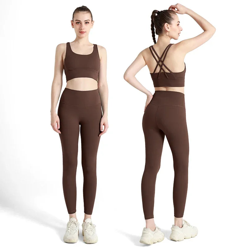 Summer New 2 Piece Yoga Clothes  Women's Tracksuit Athletic Cross Back Nylon Yoga Top Women Sports Bra Leggings Pilates Fitness