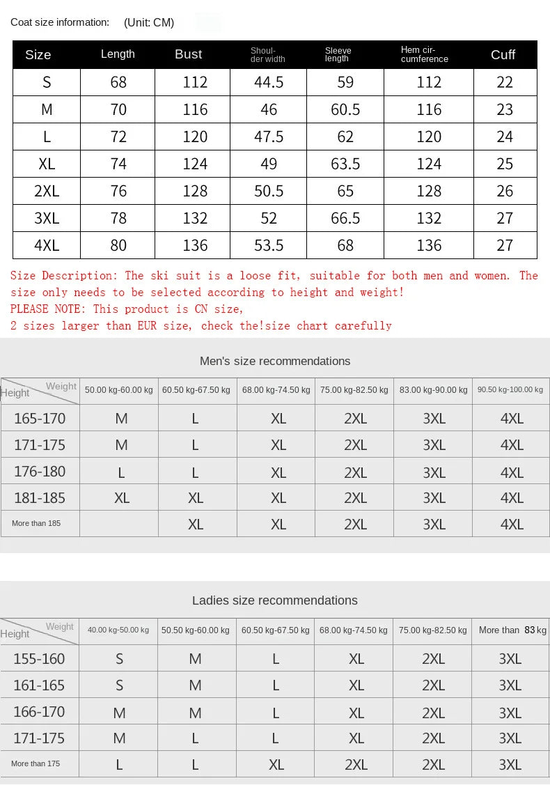 Men's and women's snowwear waterproof ski suit Snowboard suit Outdoor wear Winter jacket Winter couples sports warm ski suit