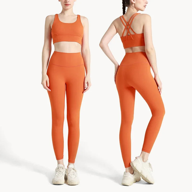 Summer New 2 Piece Yoga Clothes  Women's Tracksuit Athletic Cross Back Nylon Yoga Top Women Sports Bra Leggings Pilates Fitness