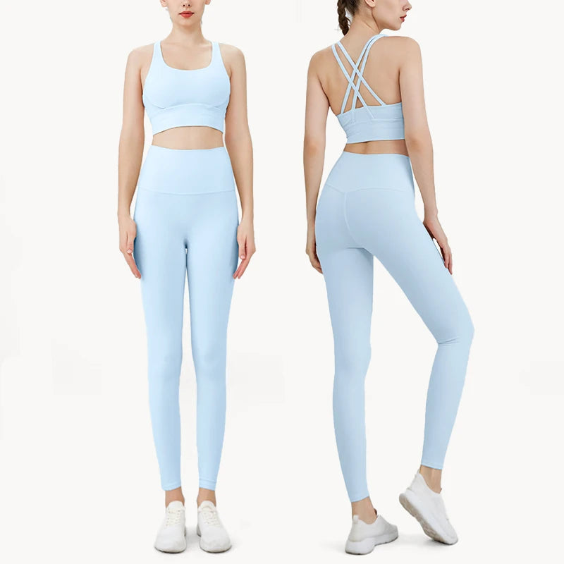 Summer New 2 Piece Yoga Clothes  Women's Tracksuit Athletic Cross Back Nylon Yoga Top Women Sports Bra Leggings Pilates Fitness
