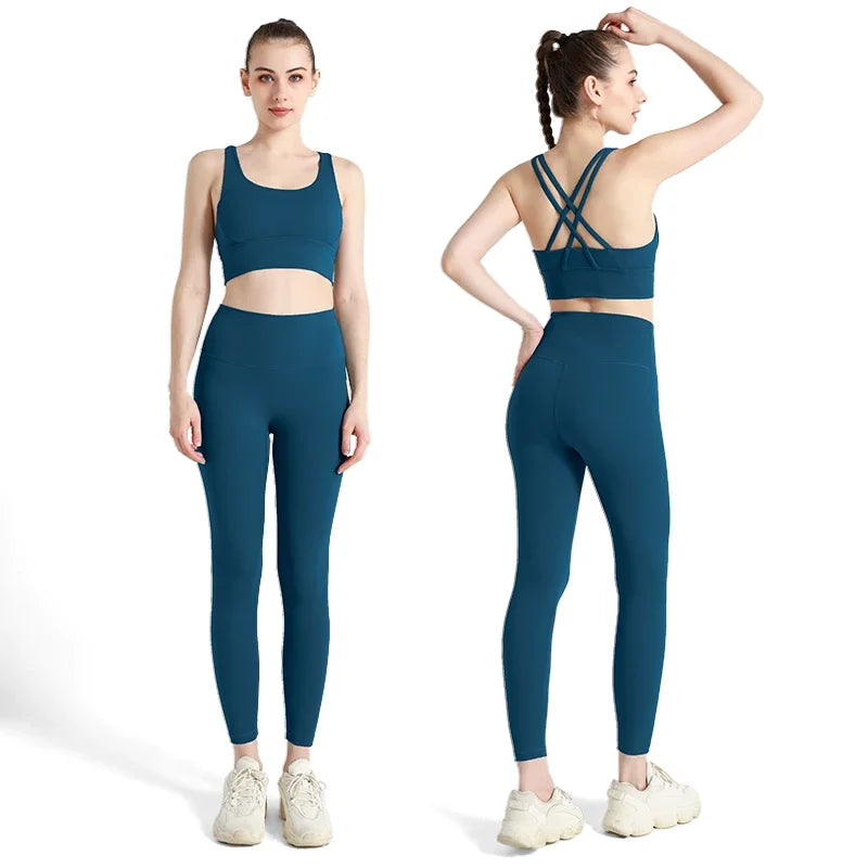 Summer New 2 Piece Yoga Clothes  Women's Tracksuit Athletic Cross Back Nylon Yoga Top Women Sports Bra Leggings Pilates Fitness