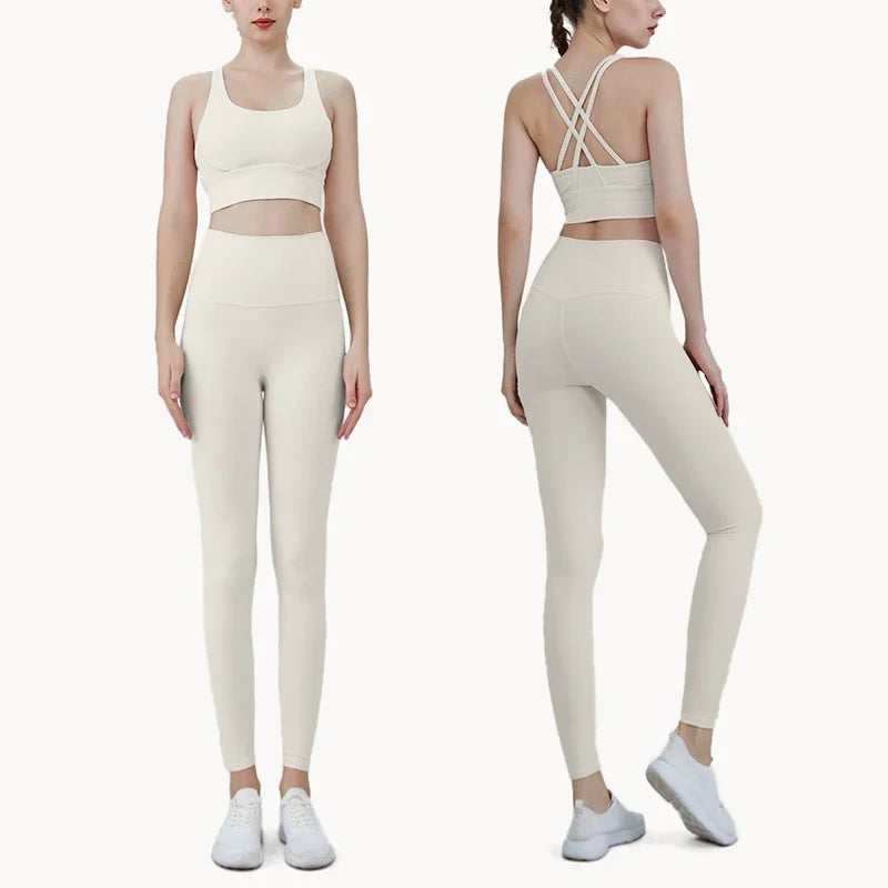 Summer New 2 Piece Yoga Clothes  Women's Tracksuit Athletic Cross Back Nylon Yoga Top Women Sports Bra Leggings Pilates Fitness