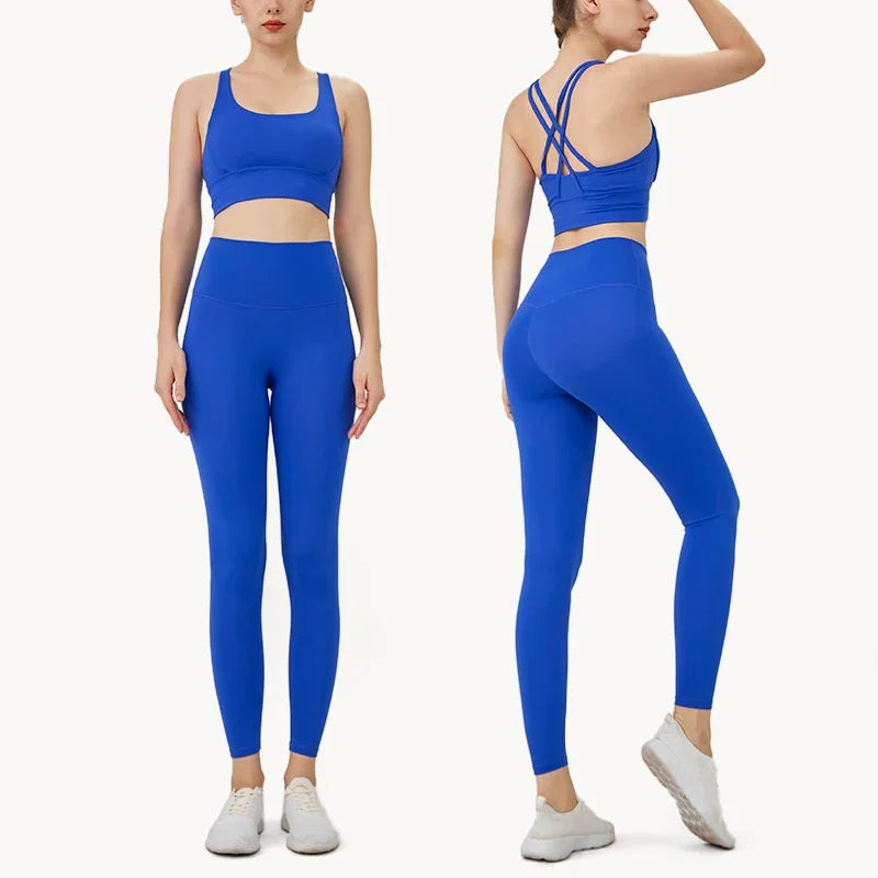 Summer New 2 Piece Yoga Clothes  Women's Tracksuit Athletic Cross Back Nylon Yoga Top Women Sports Bra Leggings Pilates Fitness