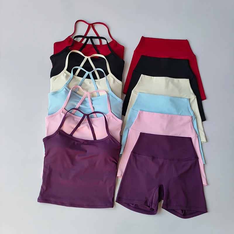 Yoga Gym Set Halter Top Set Yoga High Waist Shorts Set Backless Tights Bra Vest Seamless Stretch Ribbed Buttocks Lift Shorts Set