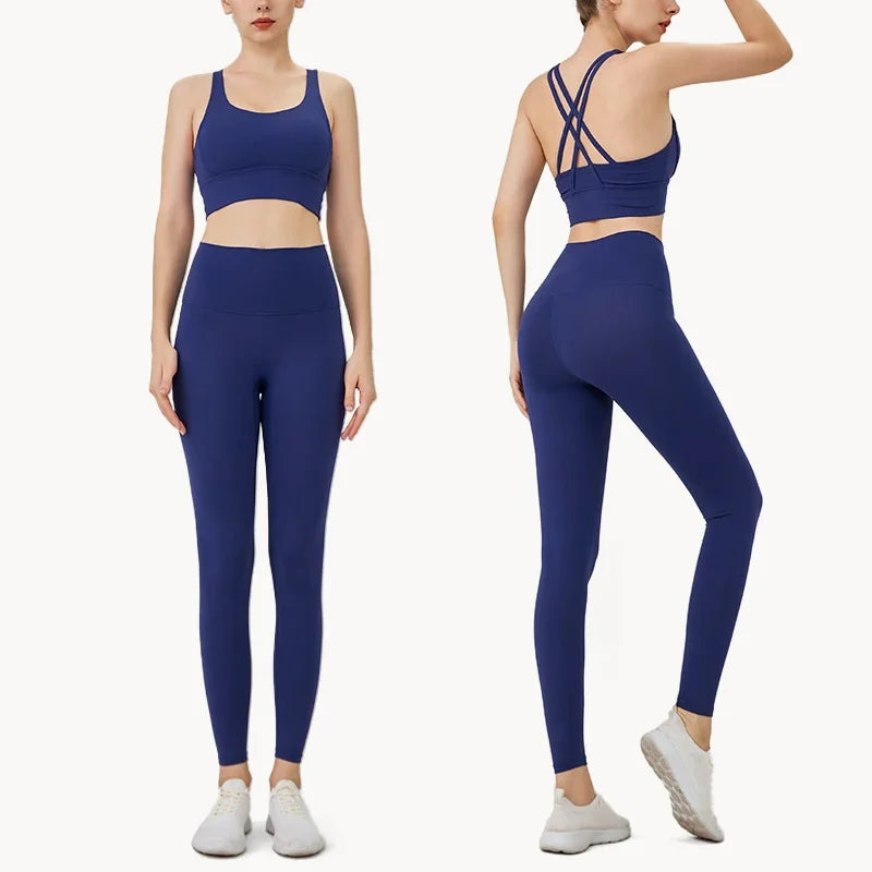 Summer New 2 Piece Yoga Clothes  Women's Tracksuit Athletic Cross Back Nylon Yoga Top Women Sports Bra Leggings Pilates Fitness