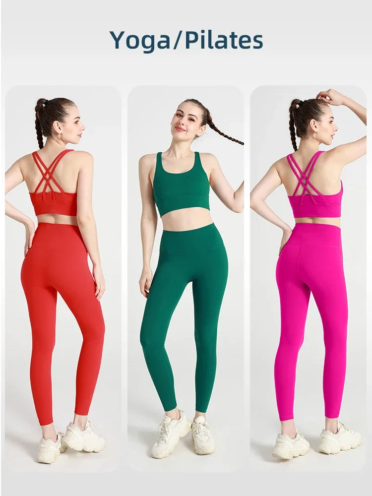 Summer New 2 Piece Yoga Clothes  Women's Tracksuit Athletic Cross Back Nylon Yoga Top Women Sports Bra Leggings Pilates Fitness
