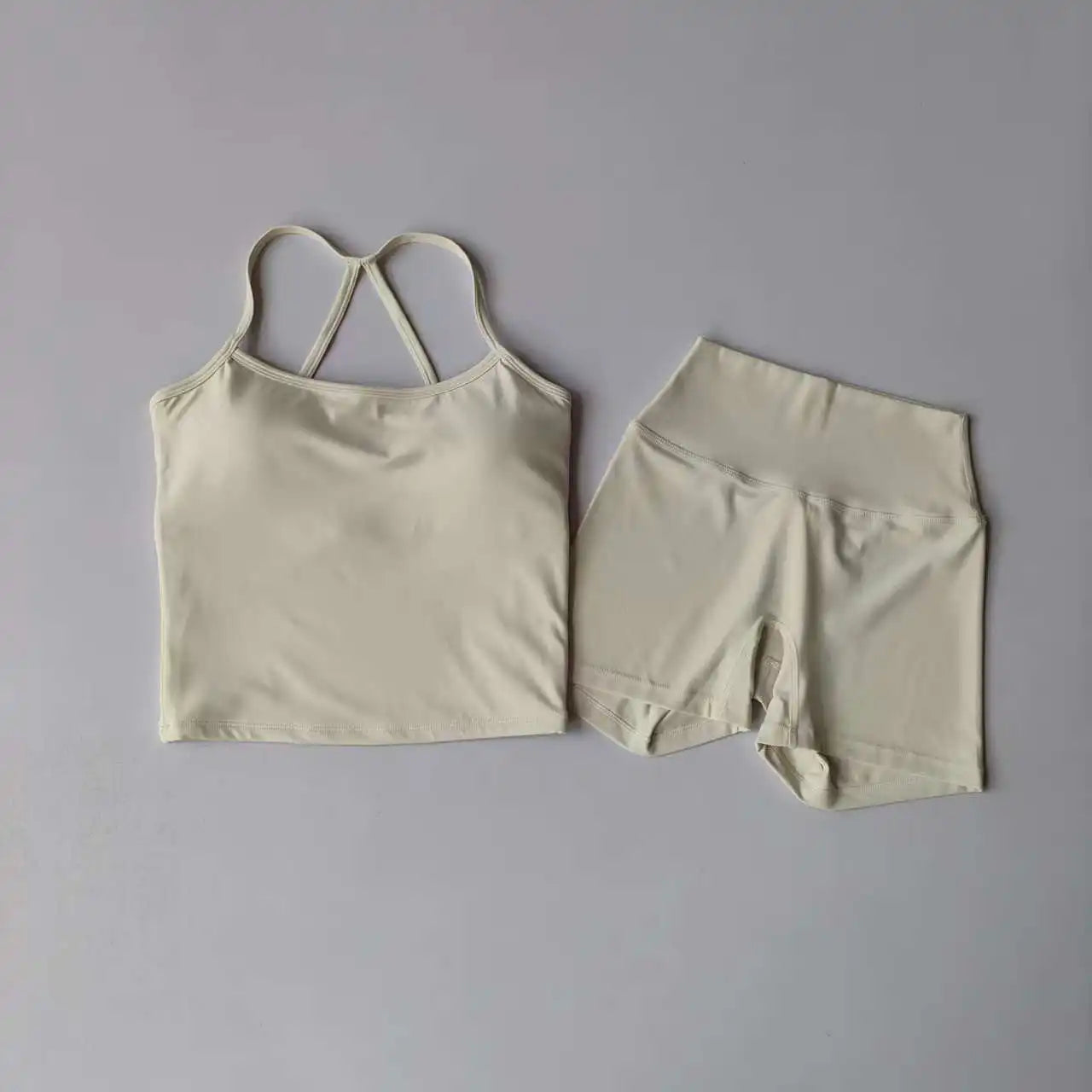 Yoga Gym Set Halter Top Set Yoga High Waist Shorts Set Backless Tights Bra Vest Seamless Stretch Ribbed Buttocks Lift Shorts Set