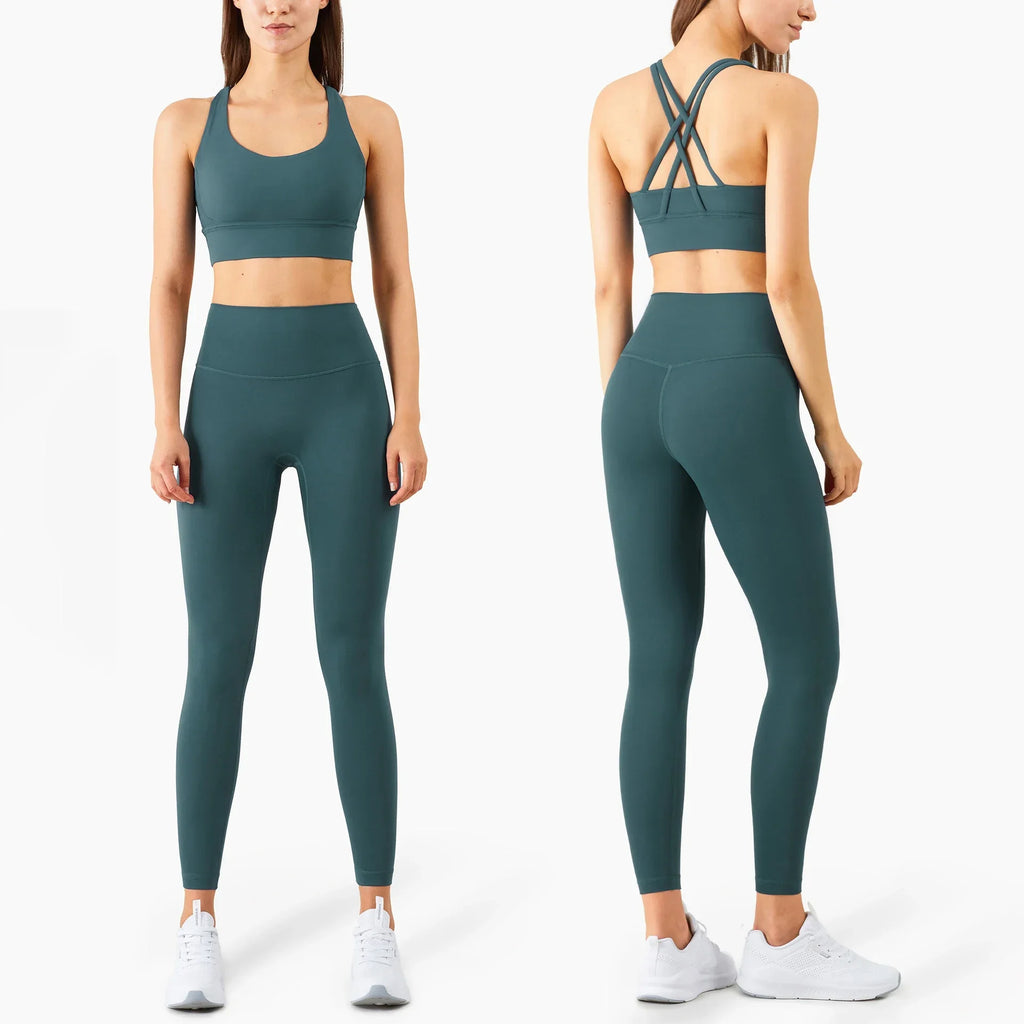 Summer New 2 Piece Yoga Clothes  Women's Tracksuit Athletic Cross Back Nylon Yoga Top Women Sports Bra Leggings Pilates Fitness
