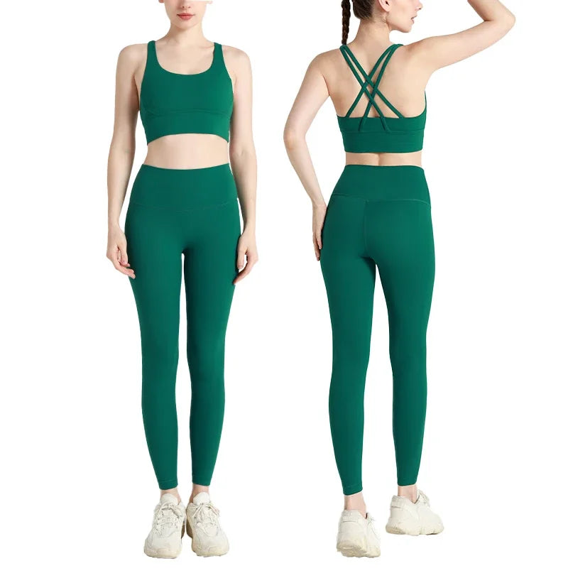 Summer New 2 Piece Yoga Clothes  Women's Tracksuit Athletic Cross Back Nylon Yoga Top Women Sports Bra Leggings Pilates Fitness