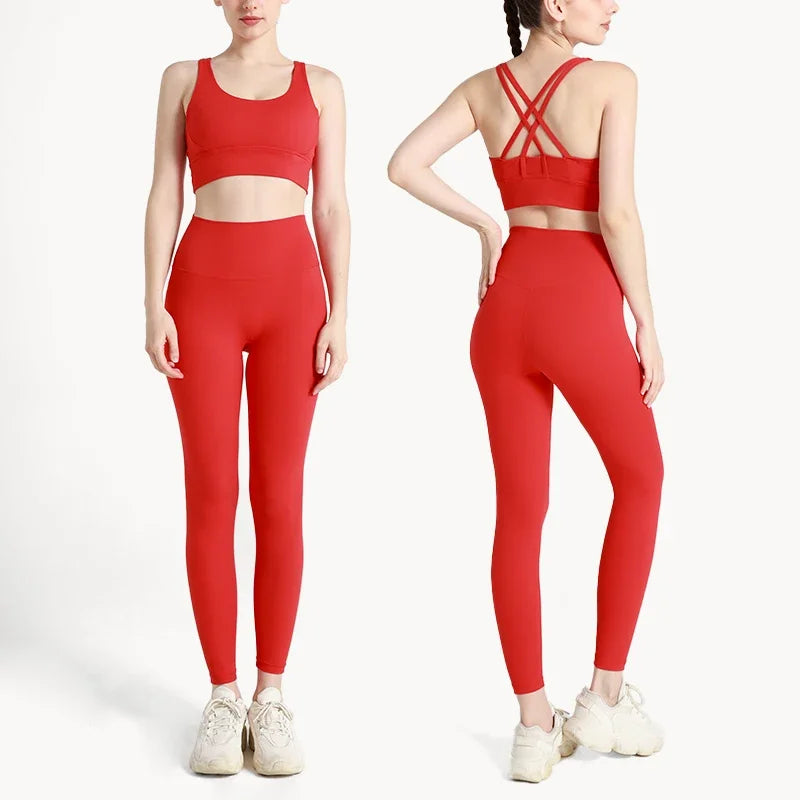 Summer New 2 Piece Yoga Clothes  Women's Tracksuit Athletic Cross Back Nylon Yoga Top Women Sports Bra Leggings Pilates Fitness