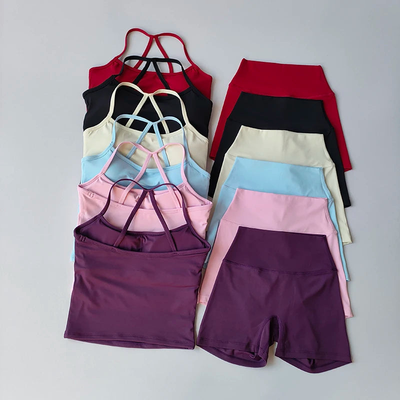 Yoga Gym Set Halter Top Set Yoga High Waist Shorts Set Backless Tights Bra Vest Seamless Stretch Ribbed Buttocks Lift Shorts Set