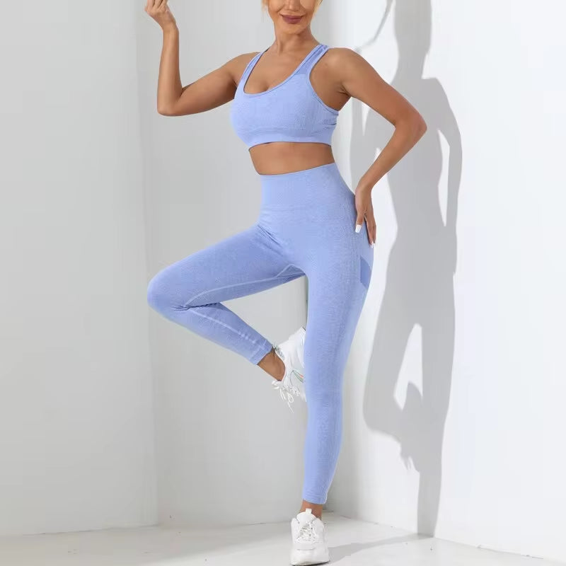 Elevate Your Yoga Practice with Our Seamless High Stretch Yoga Set – Stylish Crisscross Back Cami & Tummy Control Leggings!