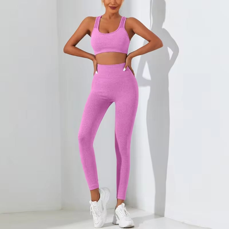 Elevate Your Yoga Practice with Our Seamless High Stretch Yoga Set – Stylish Crisscross Back Cami & Tummy Control Leggings!